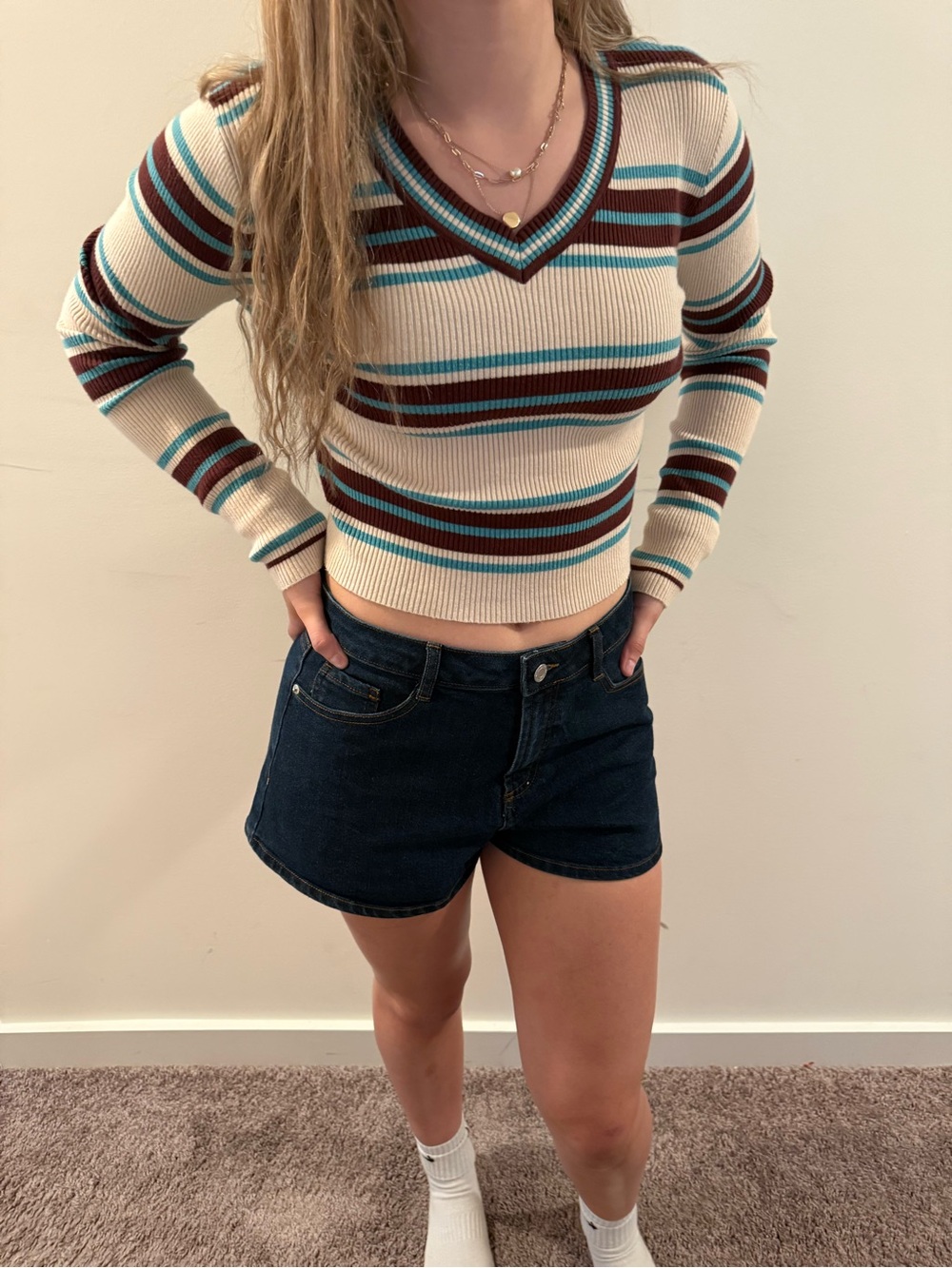 Cider Striped V‑Neck Ribbed Long Sleeve Top in Cream, Teal, and Brown